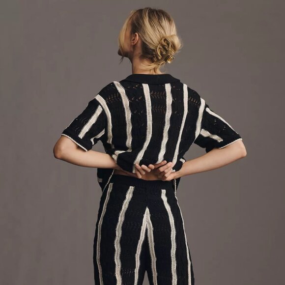 Central Park West | Striped Open-Stitch Striped Short-Sleeve Sweater | NWT - Picture 3 of 10